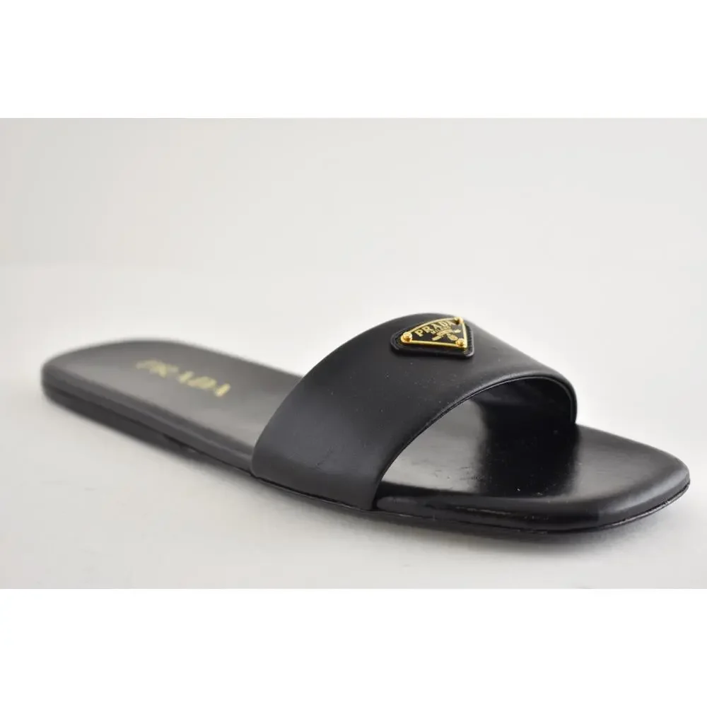Prada Ciabatte Black Leather Gold Triangle Logo Slide Mule Flat Sandal 36